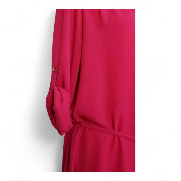 MERAKI Hi/Lo Sheath Dress Red Roll-Tab Sleeves Deep V-neck Belted - Size L - Picture 6 of 9